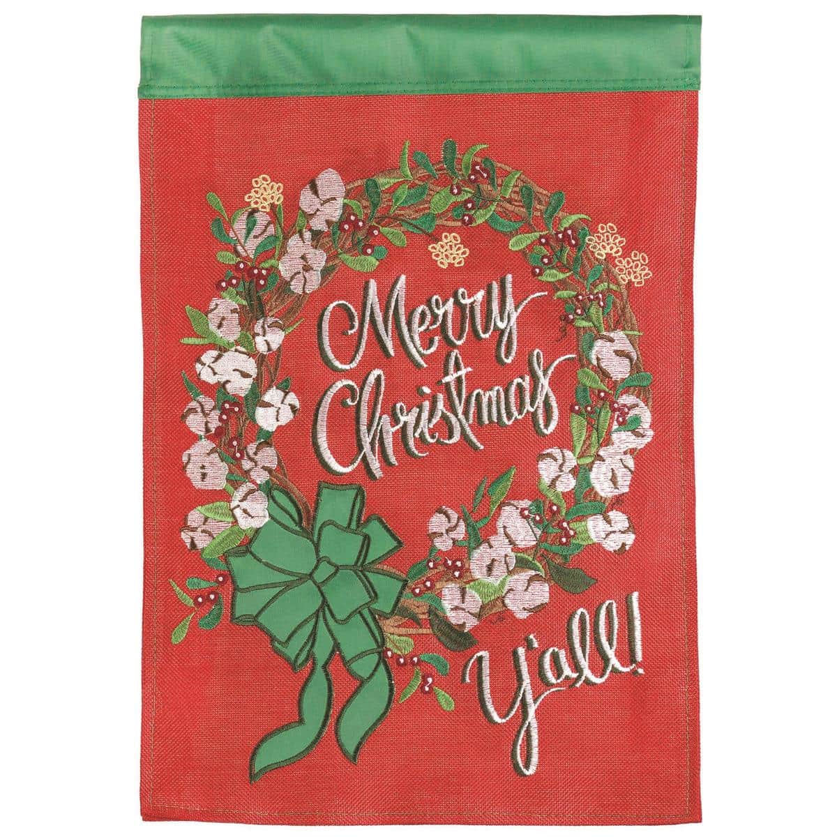 Merry Christmas Yall garden flag with classic holiday wreath and ribbon, double applique stitching, 13x18 size, red and green accents for outdoor seasonal decor