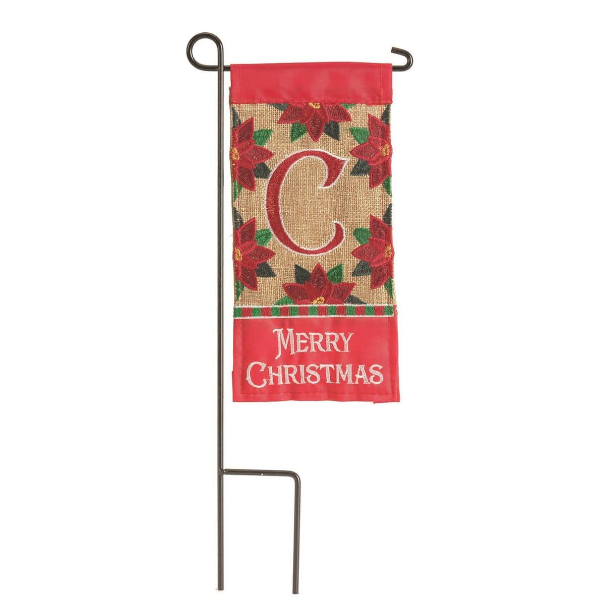 Mini Christmas Monogram-C small personalized monogram flag showing letter C in red and green holiday motif on a 4x8 mini flag sized for porch and garden display.