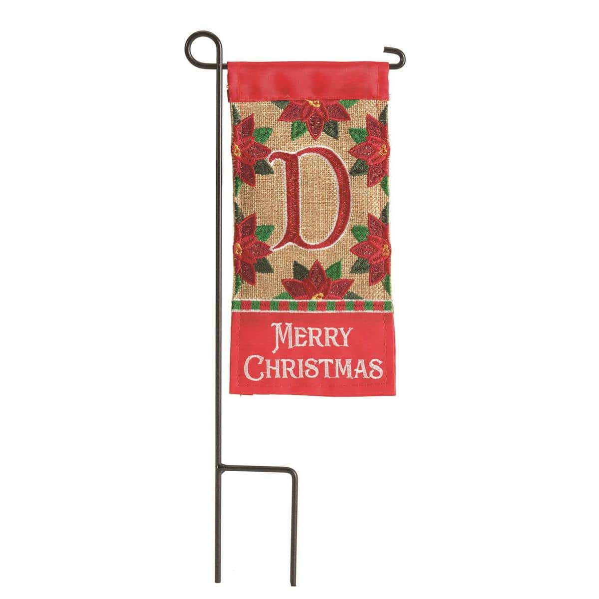 Mini 4x8 Christmas monogram flag showing letter D with holly and snowflake accents, red and green holiday color scheme, small sleeve for stake display.