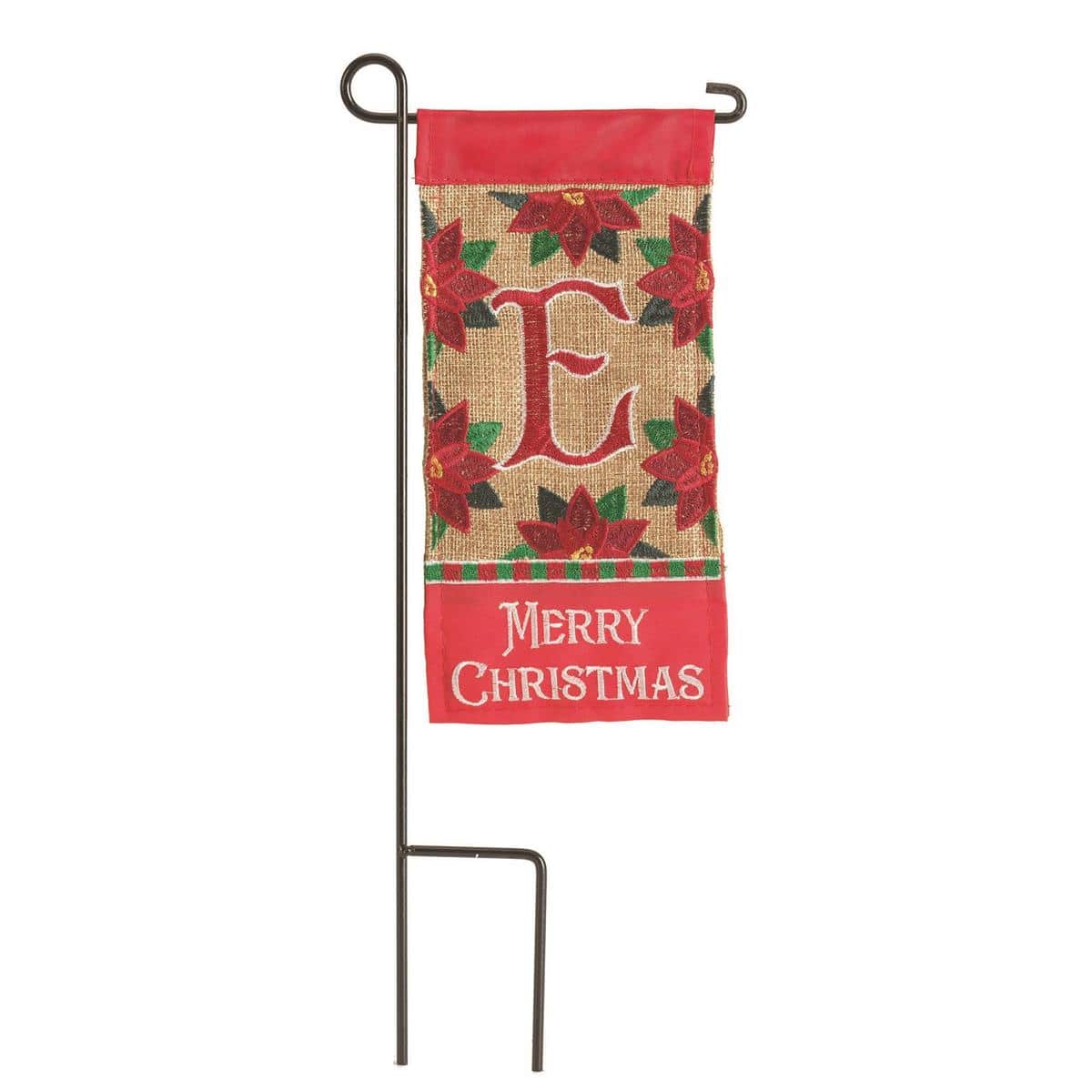 Small 4x8 Christmas monogram flag featuring the letter E in a festive red and green palette with seasonal accents, sized for planter poles, mailbox mounts, or tabletop displays.