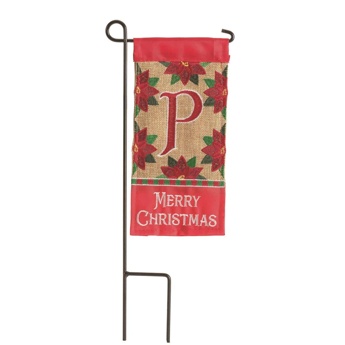 Mini 4x8 Christmas monogram flag featuring the letter P in festive red and green holiday design, shown mounted on a small porch pole for compact seasonal display.