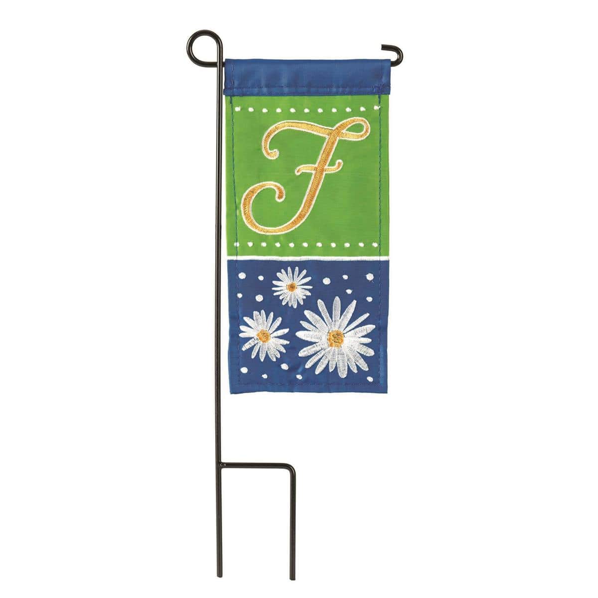 Close-up of Mini Daisy Monogram-F 4x8 mini garden flag showing central letter F surrounded by white daisy motifs on a soft background, ready for porch or pot display.