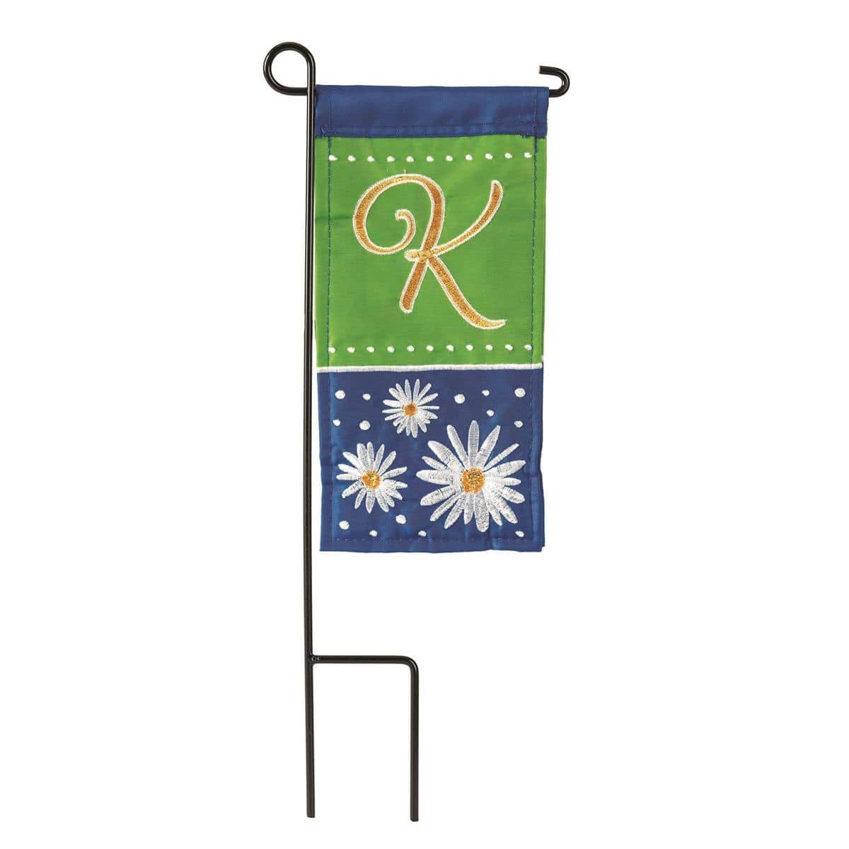 Mini Daisy Monogram-K 4x8 flag featuring letter K surrounded by cheerful daisy blooms, designed for planters, mailboxes, and compact outdoor displays