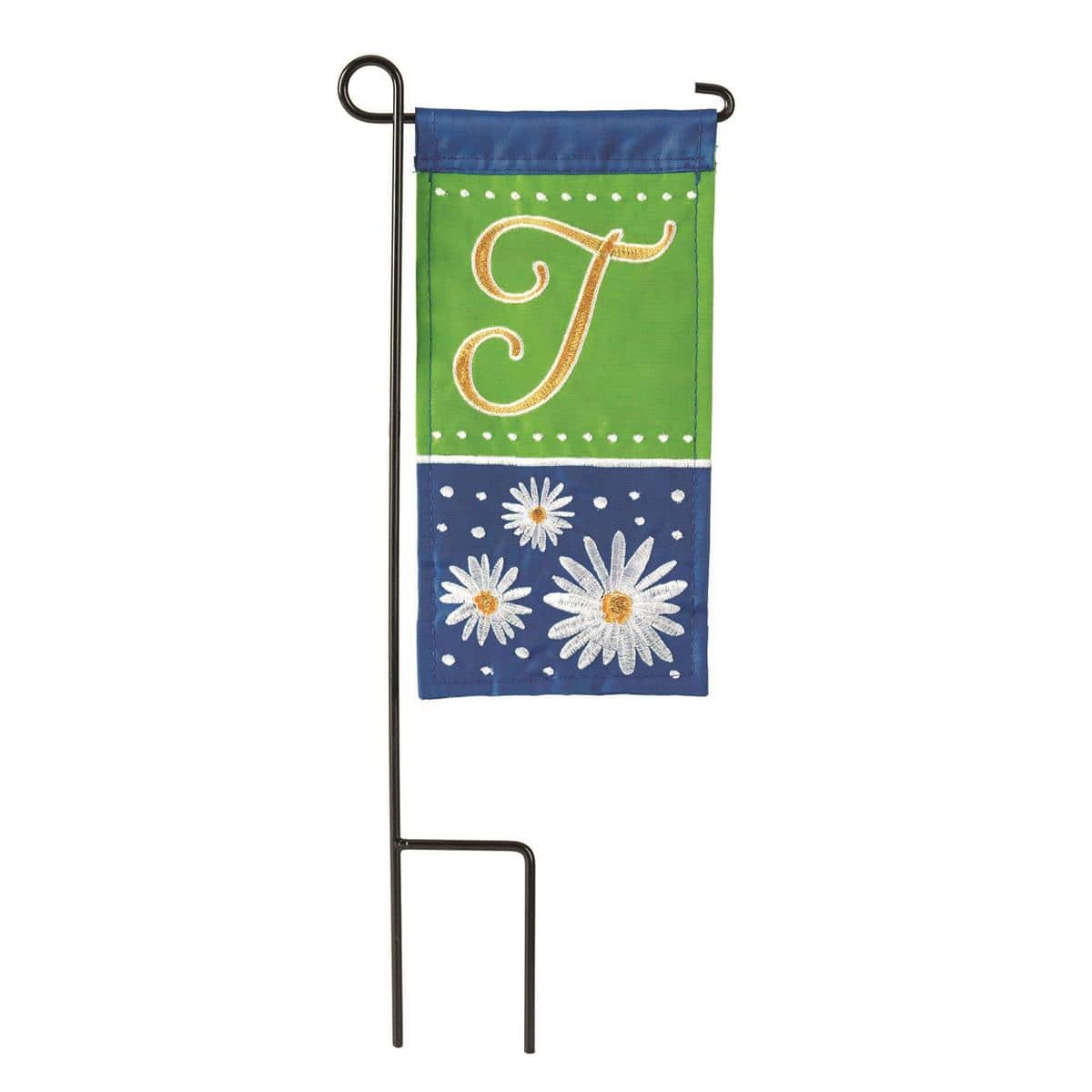 Mini Daisy Monogram-T 4x8 inch mini flag showing letter T monogram surrounded by small white and yellow daisy motifs on a soft background, ideal for garden stakes and porch displays.