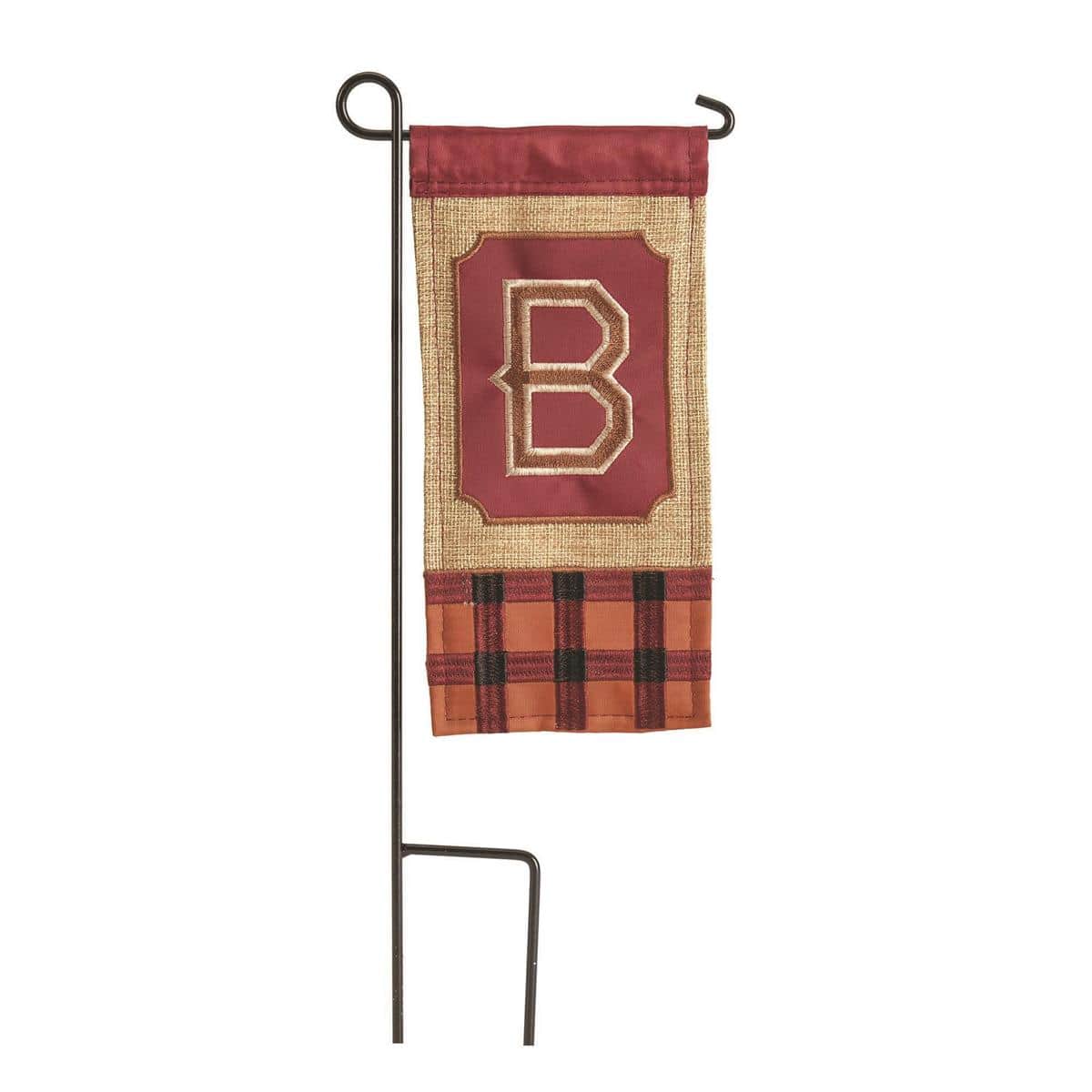 Mini Burlap flag with letter B in autumn colors displayed on a small pole for porch planter or tabletop fall decor.