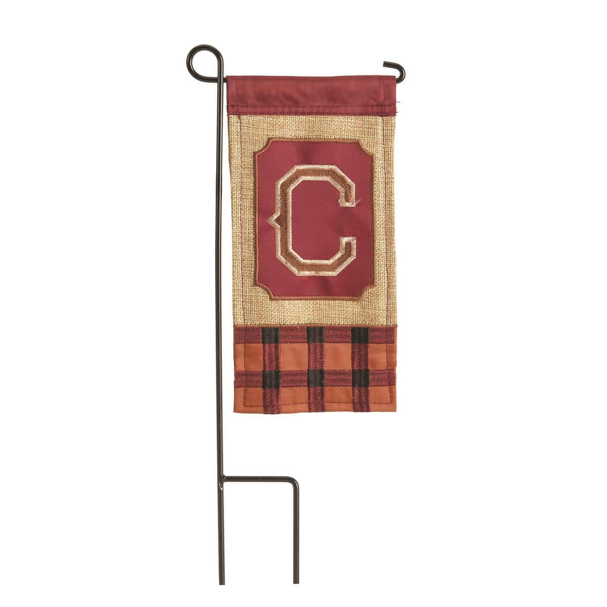 Mini burlap fall monogram C flag 4x8 rustic small garden planter flag with leaf and acorn motif
