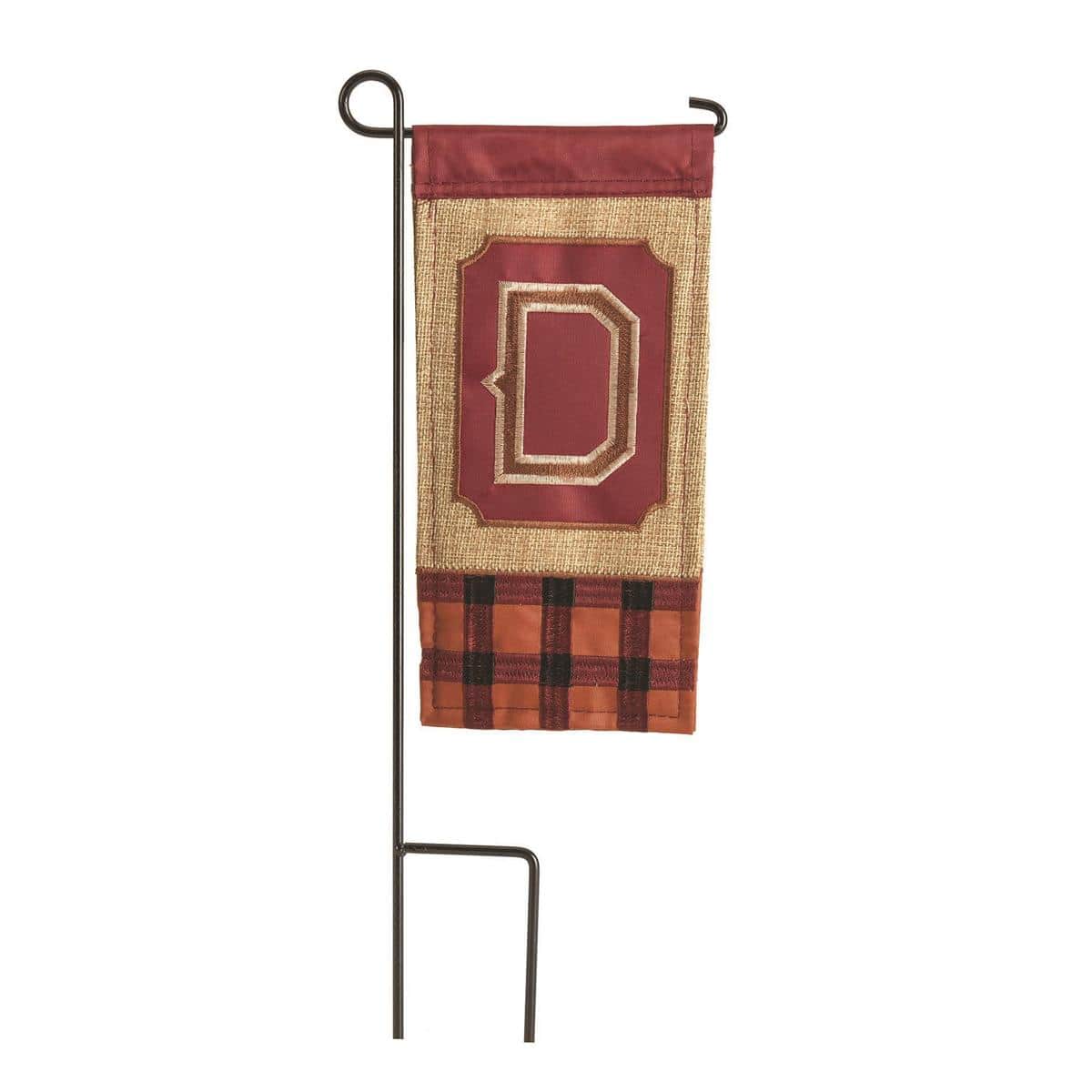 Mini Fall Burlap Monogram D flag in rustic burlap texture with bold letter D, 4x8 size, styled for autumn shelves, trays, wreaths, and small porch displays.