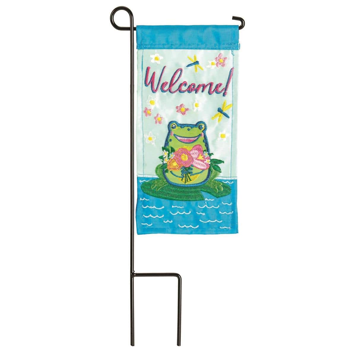 Small 4 x 8.5 inch Mini Frog Welcome waterfront mini flag showing a smiling green frog, soft aqua coastal background, and clear Welcome text for porch or dock display
