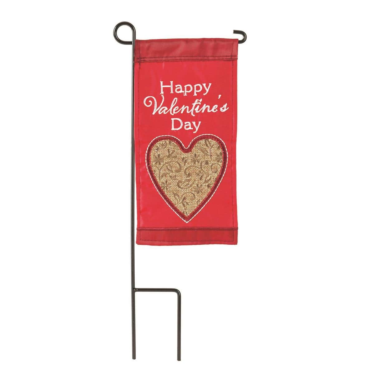 Mini Happy Valentine Day mini flag 4x8 inch showing red and pink heart pattern with bold "Happy Valentine Day" lettering hung on a small decorative pole over a wooden tabletop with soft background props.