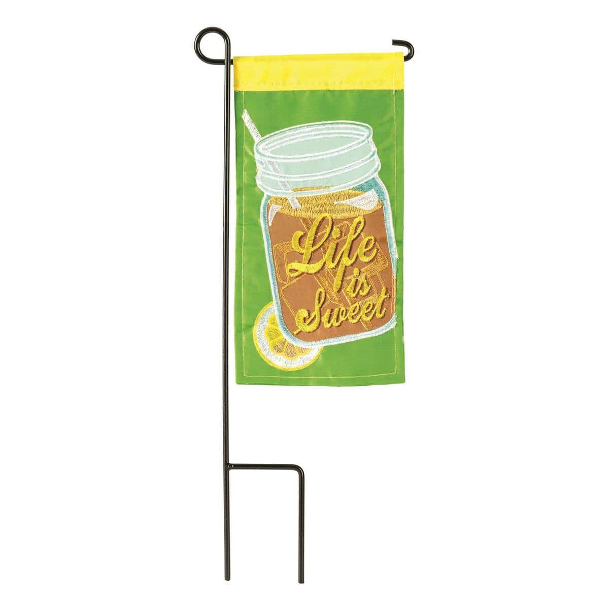 Small lemon-themed mini flag reading Life Is Sweet, 4x8, summer citrus artwork for porch planter or tiered tray, sleeve-ready for mini stands.