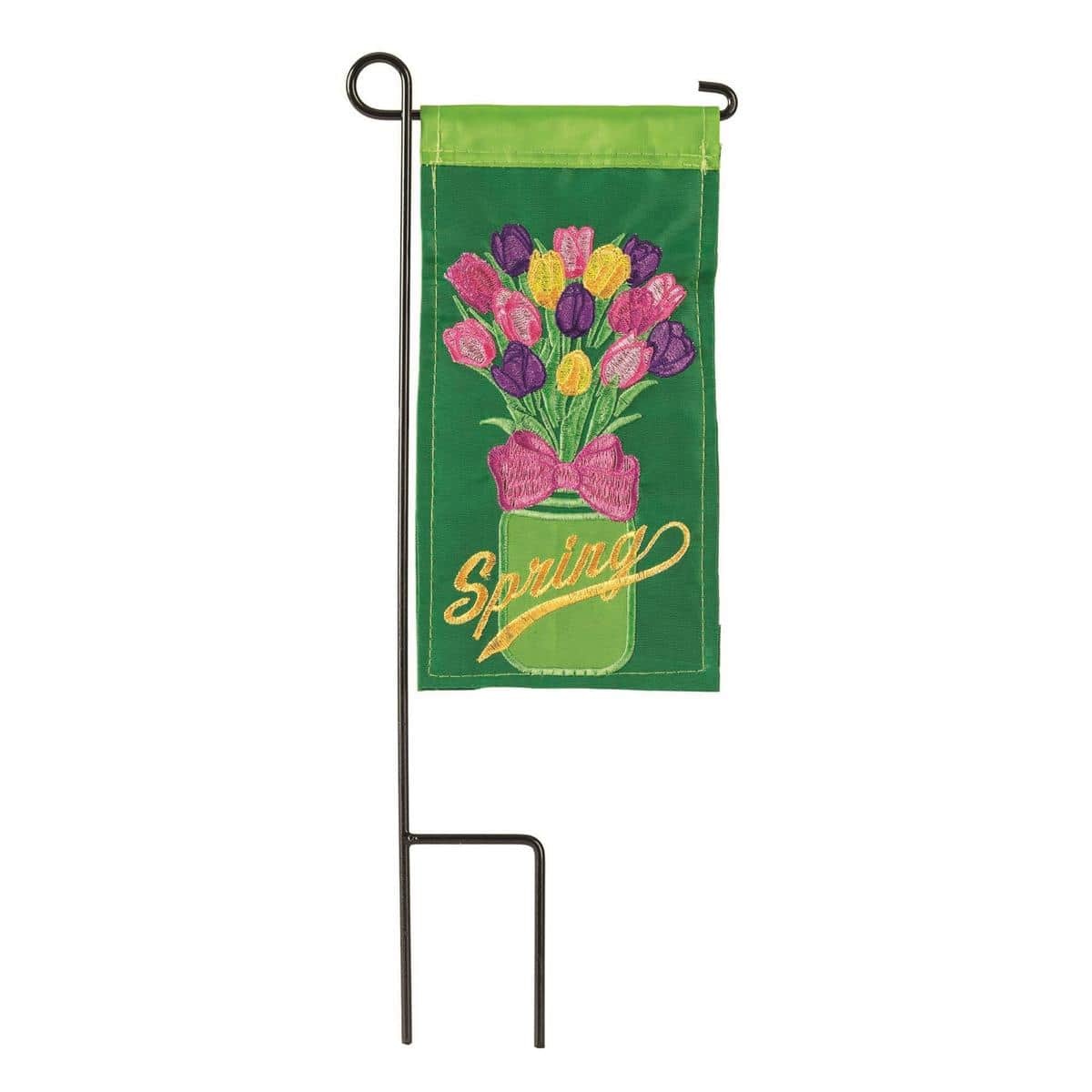 Small 4x8 Mini Mason Jar Flowers flag featuring a painted mason jar filled with spring wildflowers, shown on a light background for porch, mailbox, pot, or tabletop display