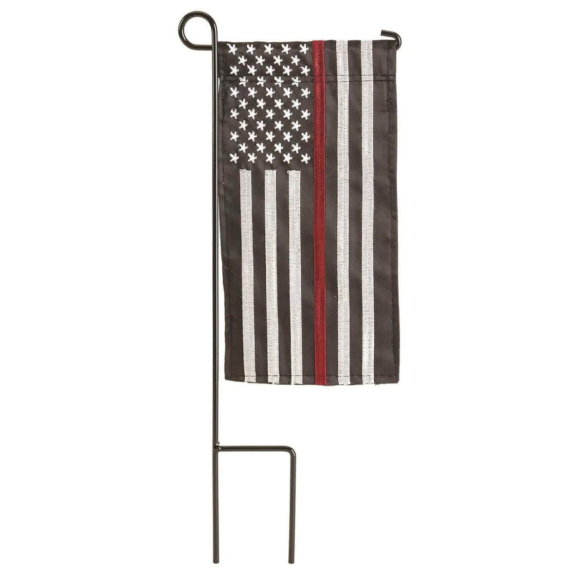 Mini Red Line Firefighter flag, 4x8 inches, thin red line on black, durable polyester with sleeve for small pole, patriotic first responder tribute.