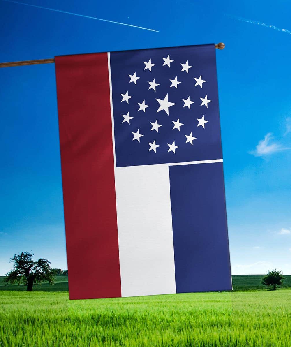Front view of Mississippi 20 Stars red banner flag 29 by 42 inches showing double applique stars and bold red field, with reinforced header and sleeve for pole mounting.