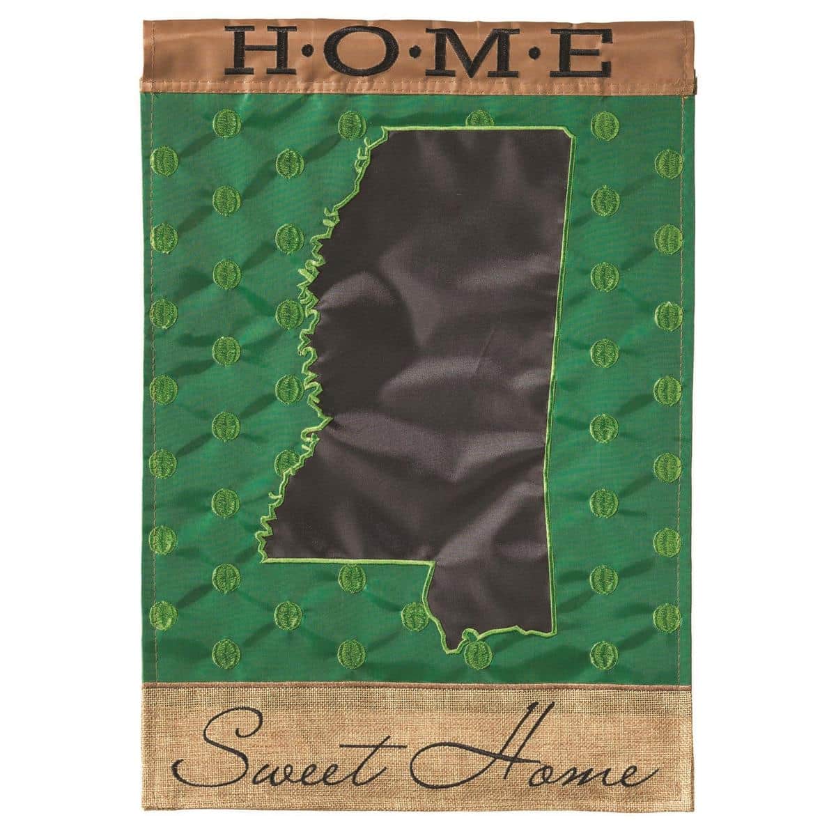 13x18 Mississippi Home burlap garden flag with double applique state outline and welcome text displayed on a metal garden stake amid potted plants and a wooden porch backdrop