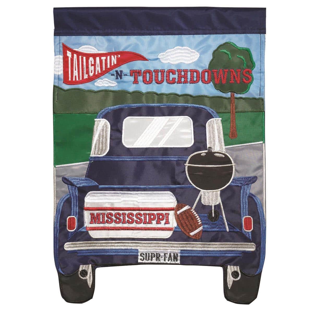 13x18 Mississippi Tailgatin garden flag double applique main image showing state motif and tailgate design mounted on a lawn flagpole for outdoor display.