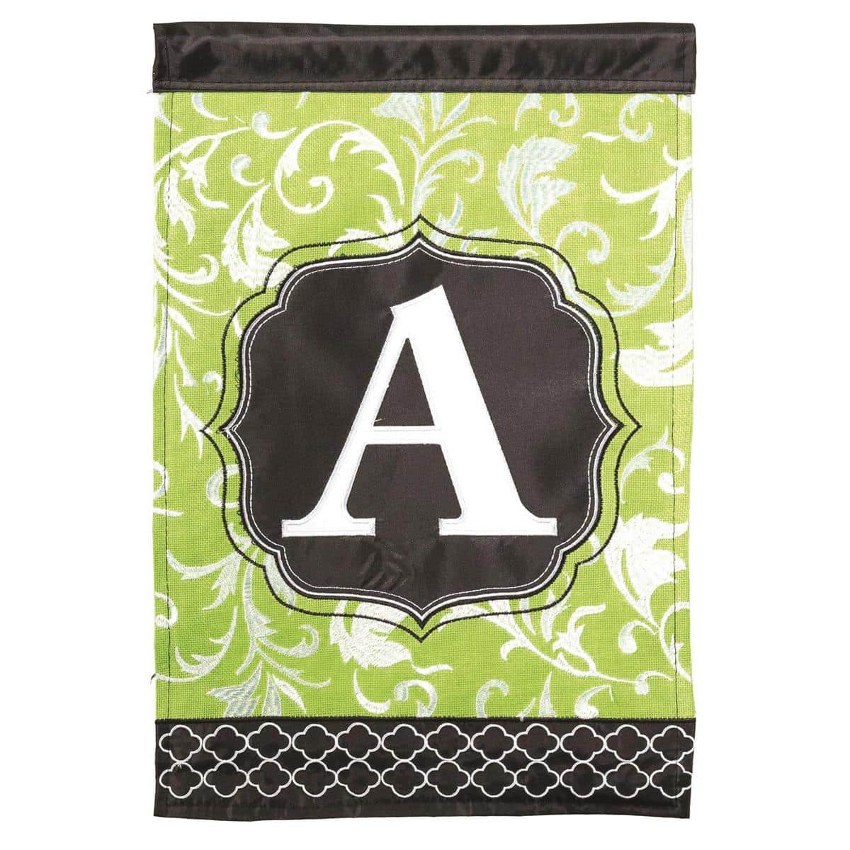 Green and black monogram A 13x18 garden flag double applique on garden pole - personalized initial centered on green background with black letter, designed for porch and yard display