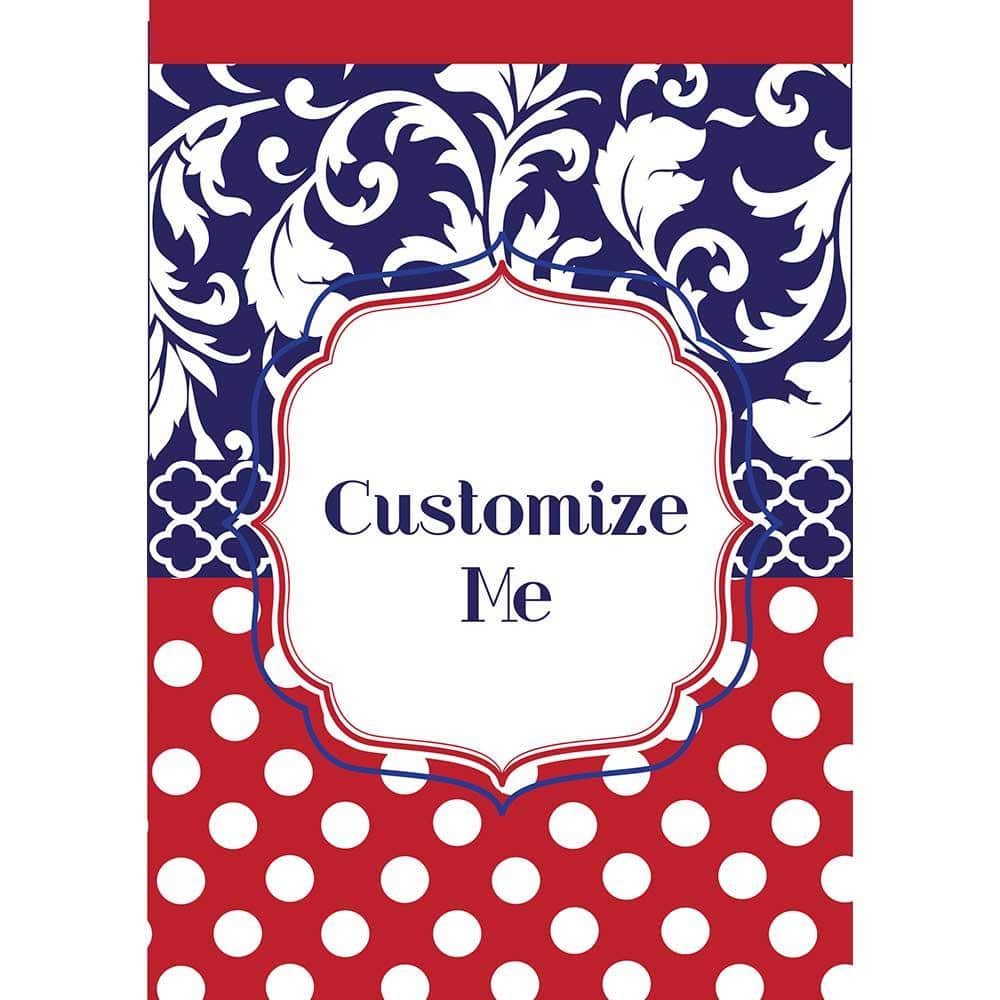 Red white and blue double applique 13x18 garden flag featuring a blank center for monograms, 2 inch top sleeve, displayed on a yard pole near flowers.