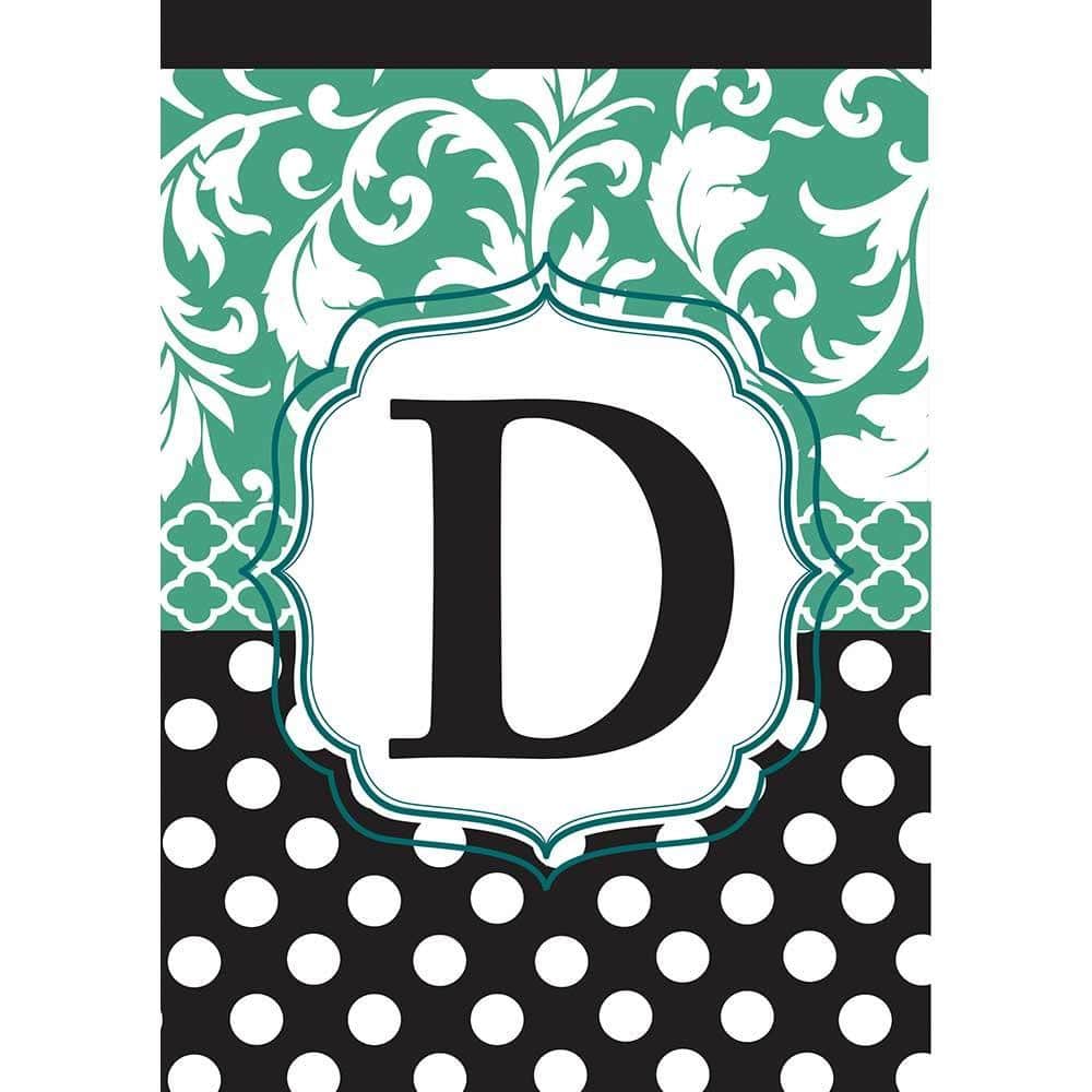 13x18 Monogram-D garden flag in black and aqua with double applique initial D displayed on a porch railing, showing contrast and texture.