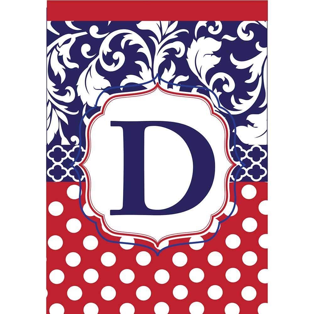 Close-up of Monogram-D 13x18 red white blue garden flag showing double applique letter D, reinforced header sleeve, tight stitching, and textured layered fabrics for patriotic yard decor