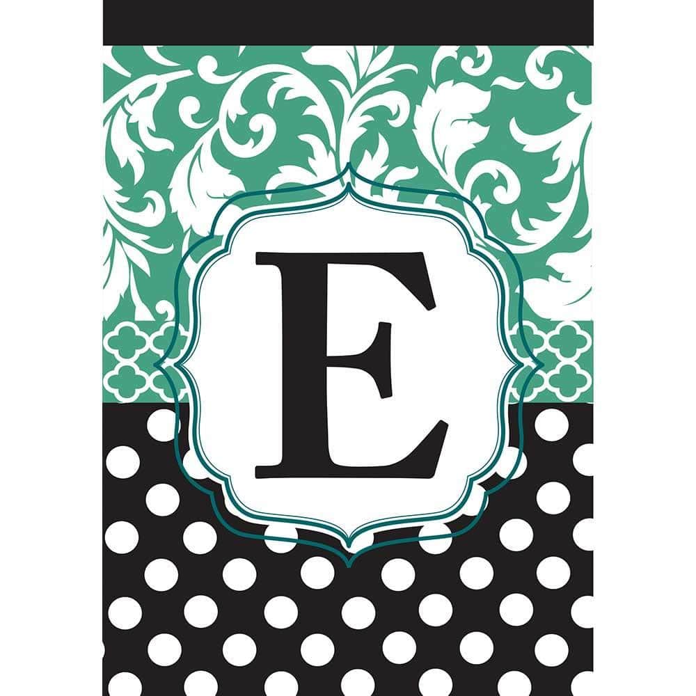 Monogram-E Black Aqua 13x18 garden flag showing a stitched double applique letter E in black and aqua on a durable outdoor fabric, ready for a standard garden flag pole