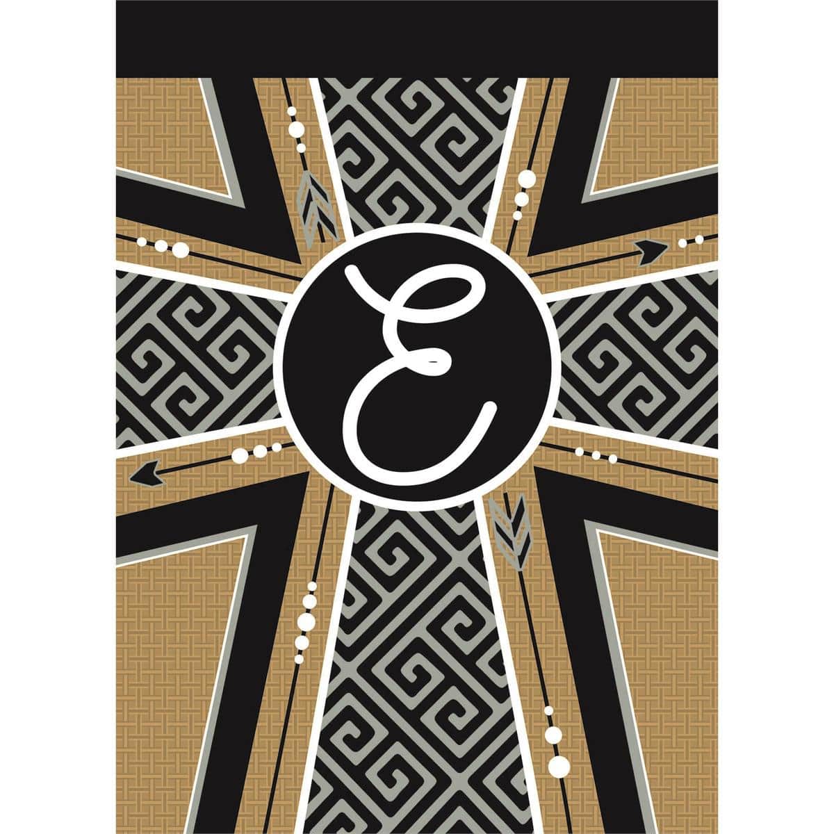13x18 monogram E garden flag with centered cross applique on burlap texture, double applique layers and reinforced sleeve for garden stake or small pole display