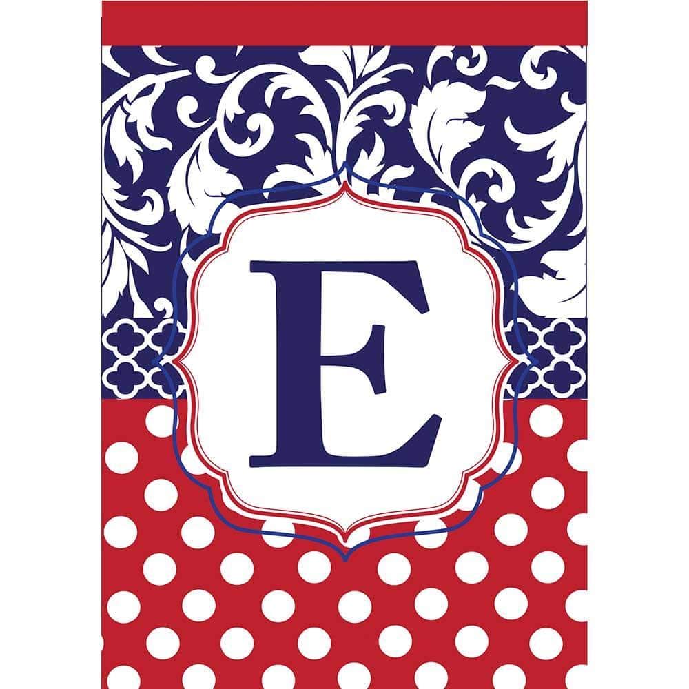 13x18 Monogram E garden flag in red, white, and blue with double applique monogram displayed on a flag stand.