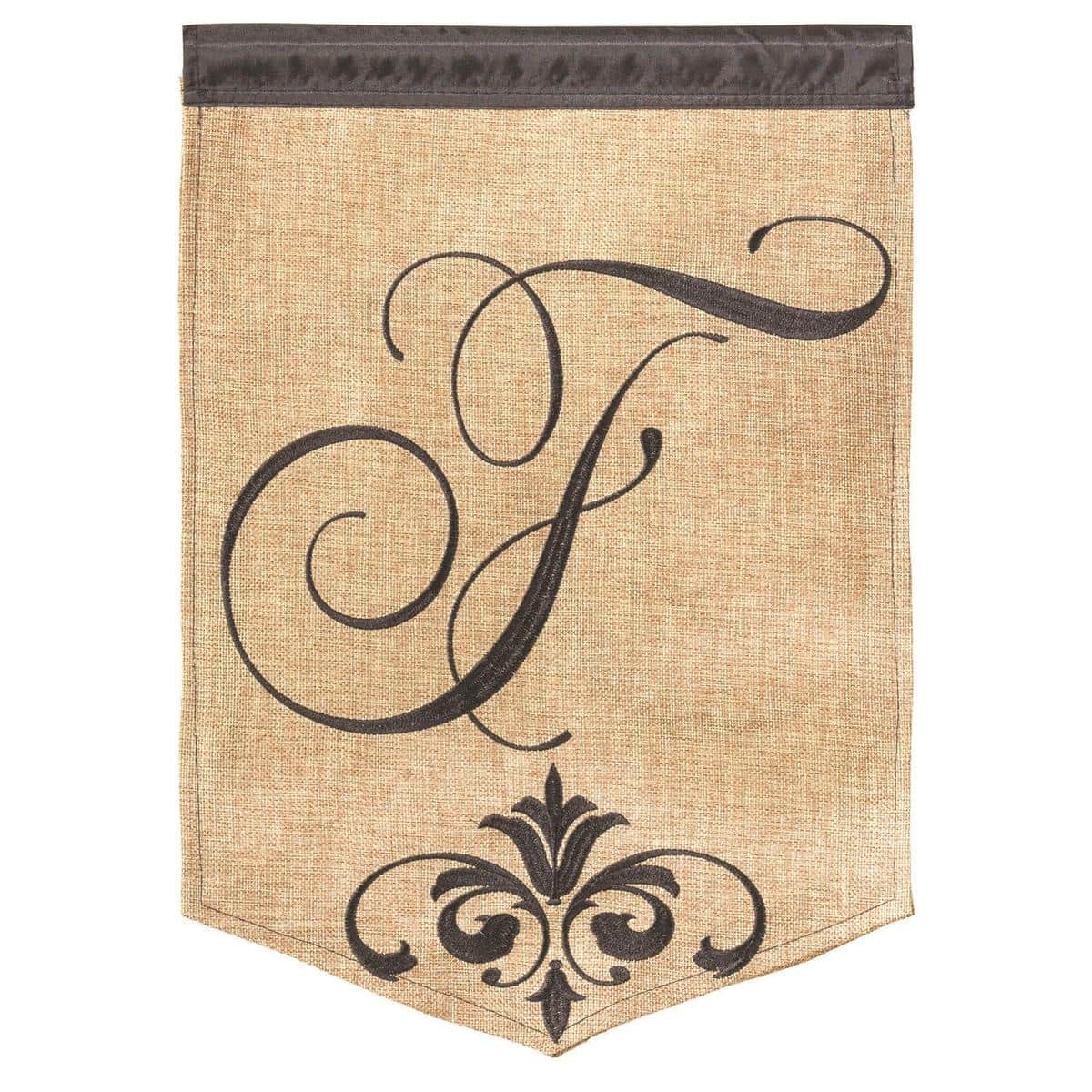 Monogram F double-applique burlap garden flag, 13 x 18 inches, neutral burlap with stitched initial, two-sided readability, top sleeve for standard stands.