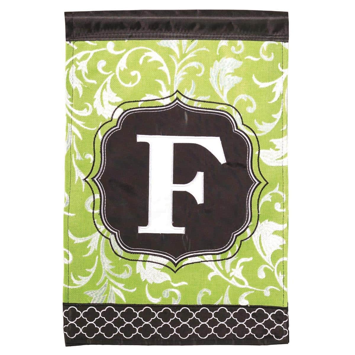 Monogram-F 13x18 green black double-applique garden flag - personalized monogram on durable 300D polyester with fade-resistant color, perfect for porch, yard.