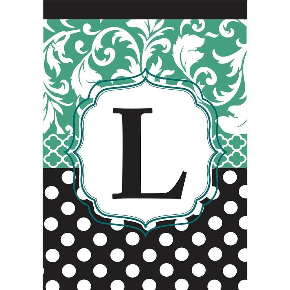Black and aqua monogram garden flag featuring a raised stitched letter L in double applique construction on a 13 by 18 inch outdoor flag with reinforced pole sleeve for easy porch or planter display.