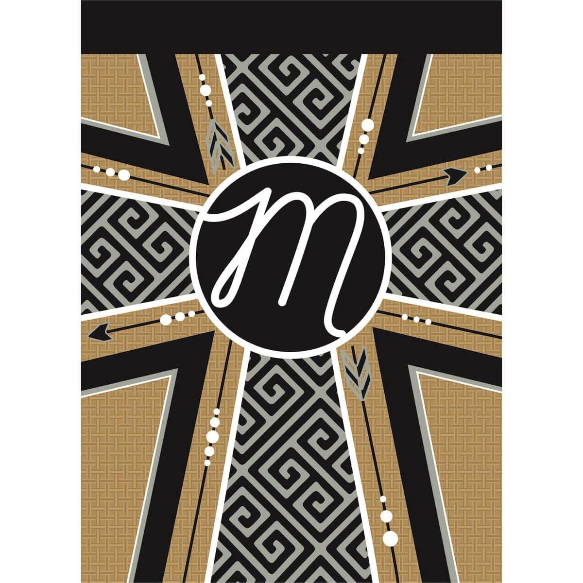 13x18 Monogram M garden flag with stitched cross applique on burlap texture, double-layered accents and reinforced pole sleeve for porch, mailbox, or yard display.