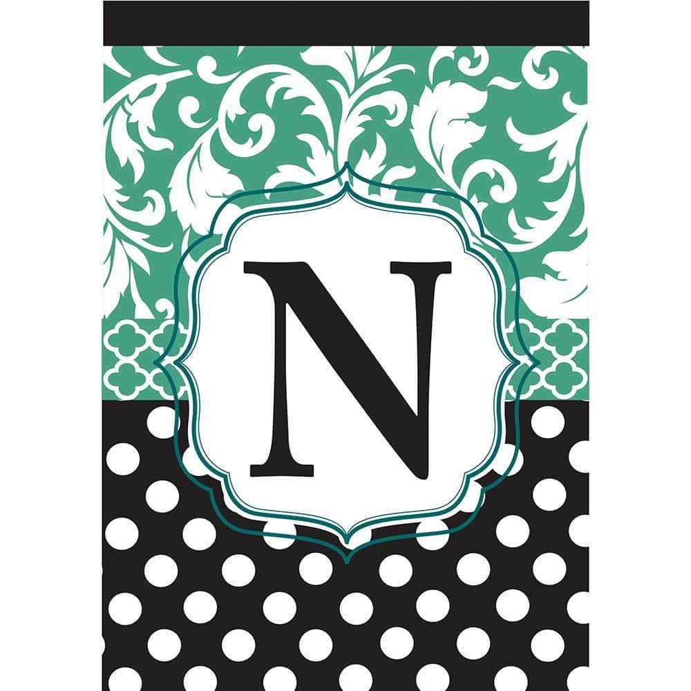 Personalized Monogram N garden flag in black and aqua with double applique detailing on a 13x18 fabric, shown mounted on a small yard flag pole for porch and garden display.
