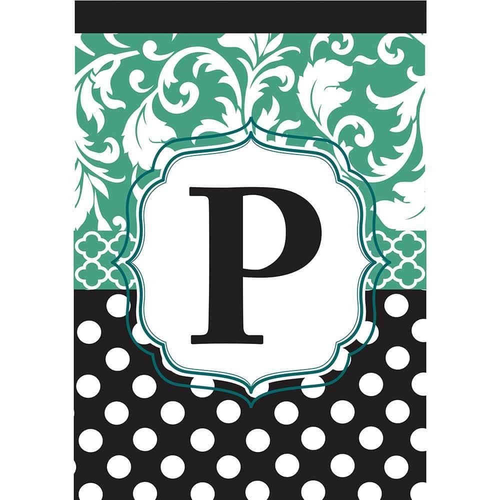 13x18 Monogram-P garden flag showing aqua letter P on a black background with visible double applique layers and stitched edges, designed for small garden flag poles and planter displays.