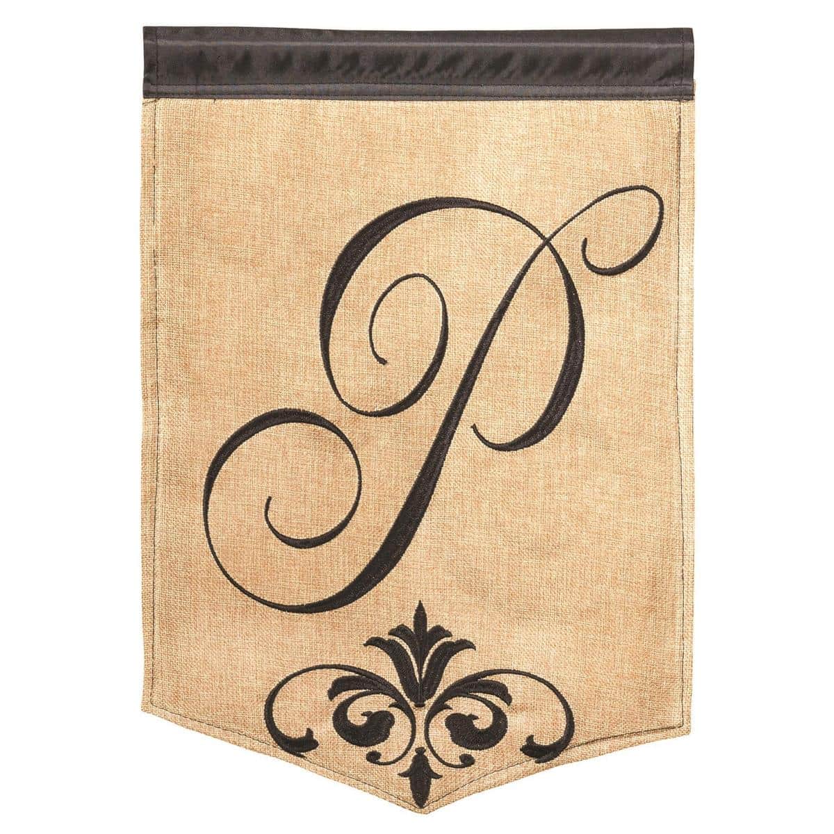 Alt text: 13x18 Monogram P burlap garden flag double applique rustic farmhouse initial flag for porch display.