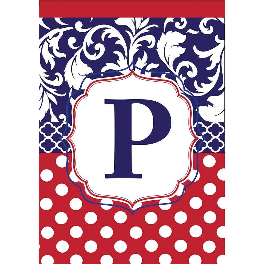Red white blue double applique garden flag with monogram letter P, 13 x 18 inch size, outdoor patriotic initial decor on a standard yard stand