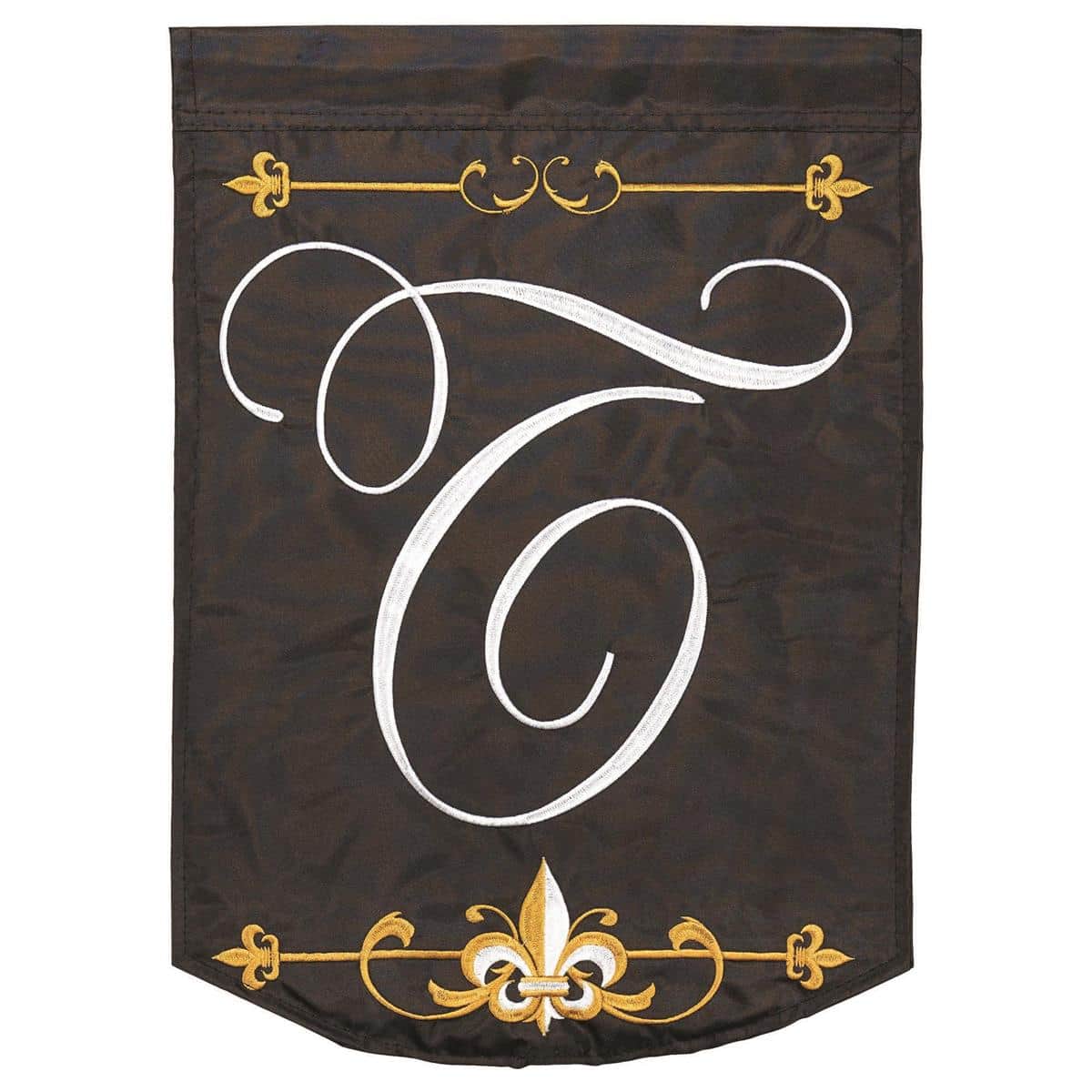 Black 13x18 garden flag with large white letter T monogram centered, displayed on a standard yard stand by a front walkway, personalized outdoor decor.
