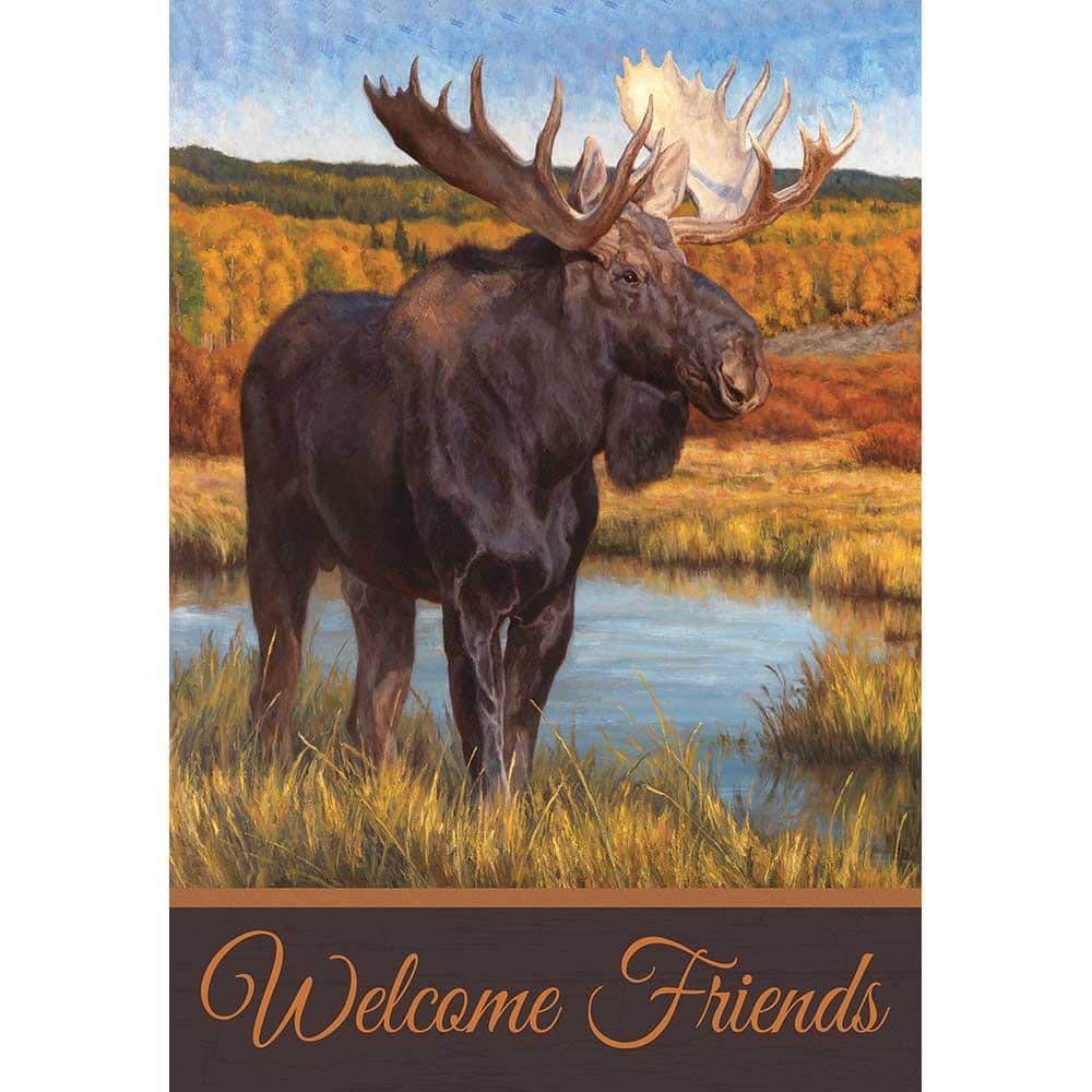 30x44 printed Moose Banner Flag showing a large rustic moose silhouette on a textured background, ready to hang on a porch pole or garden flag stand for everyday outdoor display.