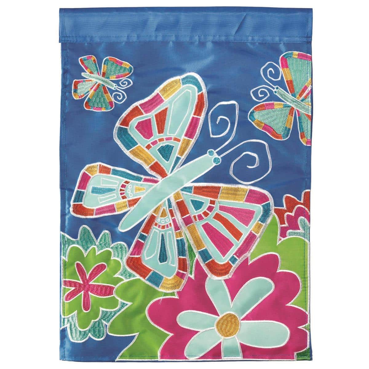 Close-up of 13x18 Mosaic Butterfly double applique garden flag with colorful floral mosaic, readable on both sides, hanging on a standard metal flag stand