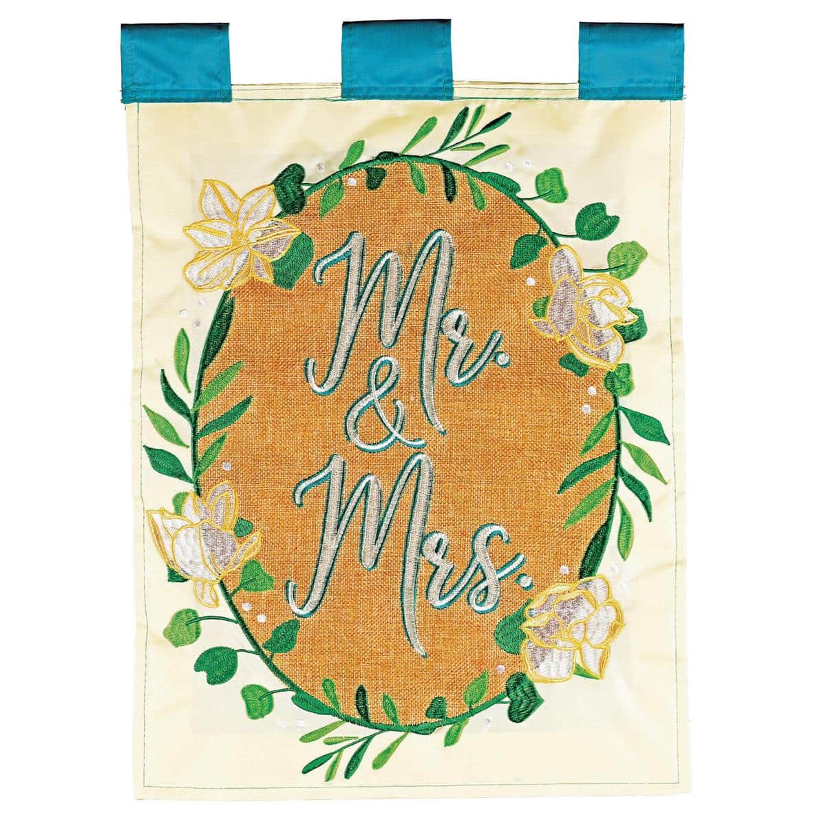 Mr and Mrs 13x18 wedding garden flag in double applique, classic script lettering, two sided design on durable outdoor fabric, styled on a garden stand