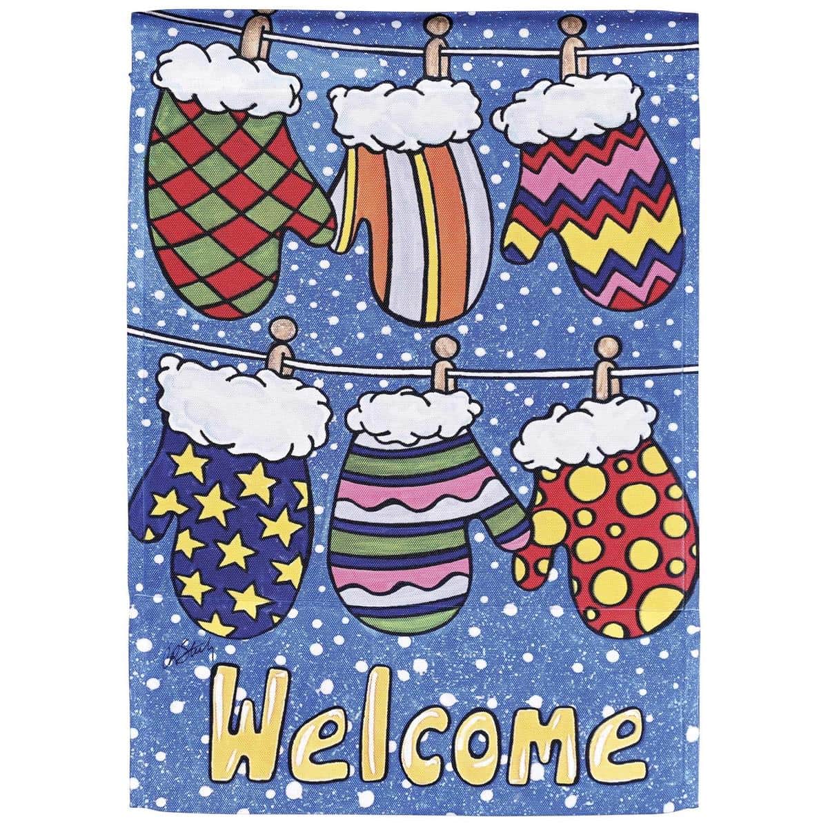 Printed flag showing multicolor mittens surrounding a prominent 'Welcome' message, winter garden flag ideal for porch or yard seasonal display.