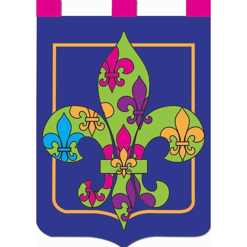 Bright multi colored fleur-de-lis 13 by 18 inch double applique garden flag on a garden pole showing layered textures and rich color contrast