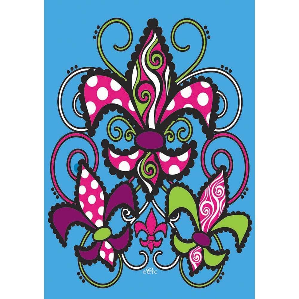 Close-up image of the Multiple Fleur-De-Lis 29x42 banner flag showing double applique motifs, textured fabrics, and reinforced top sleeve while displayed on a porch arm.