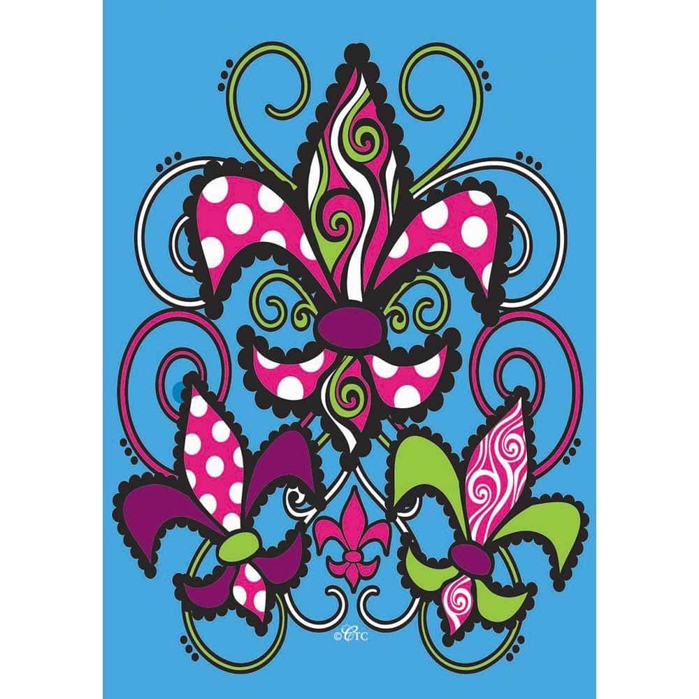 Close-up of a 13x18 double applique garden flag with multiple fleur-de-lis motifs, two-sided design, reinforced top sleeve, displayed outdoors on a standard flag stand.