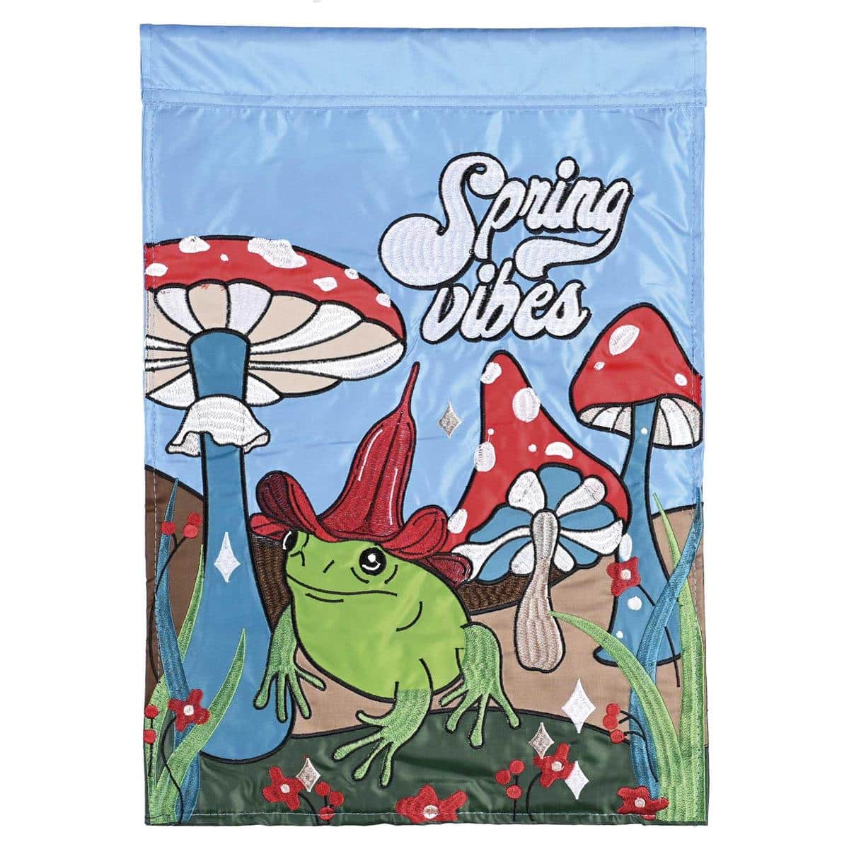13x18 double applique Mushrooms Spring Vibes garden flag showing layered mushroom caps, green foliage, and sturdy sleeve on a standard outdoor flag stand.