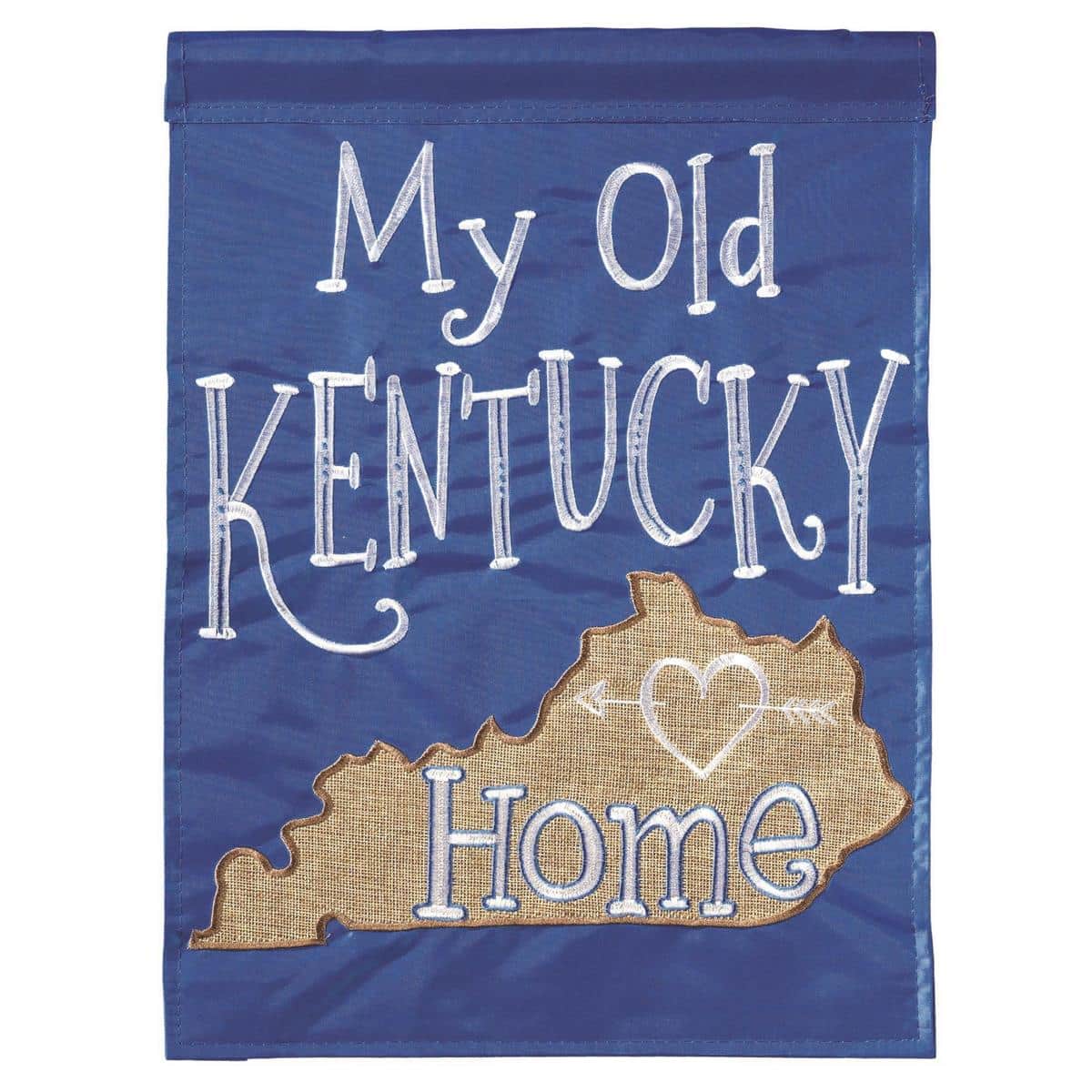 13x18 My Old Kentucky Home burlap garden flag with double applique house motif, textured burlap face, hemmed edges, and reinforced corners for outdoor display on a garden stake