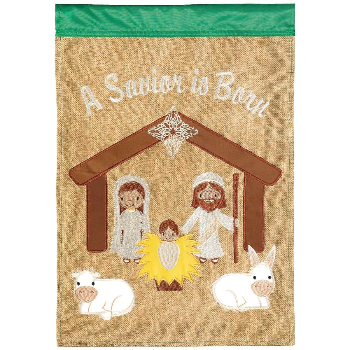 13x18 Double Applique Nativity Creche garden flag showing Mary, Joseph, and infant Jesus in a stable under a guiding star, ideal for porch or garden holiday display.