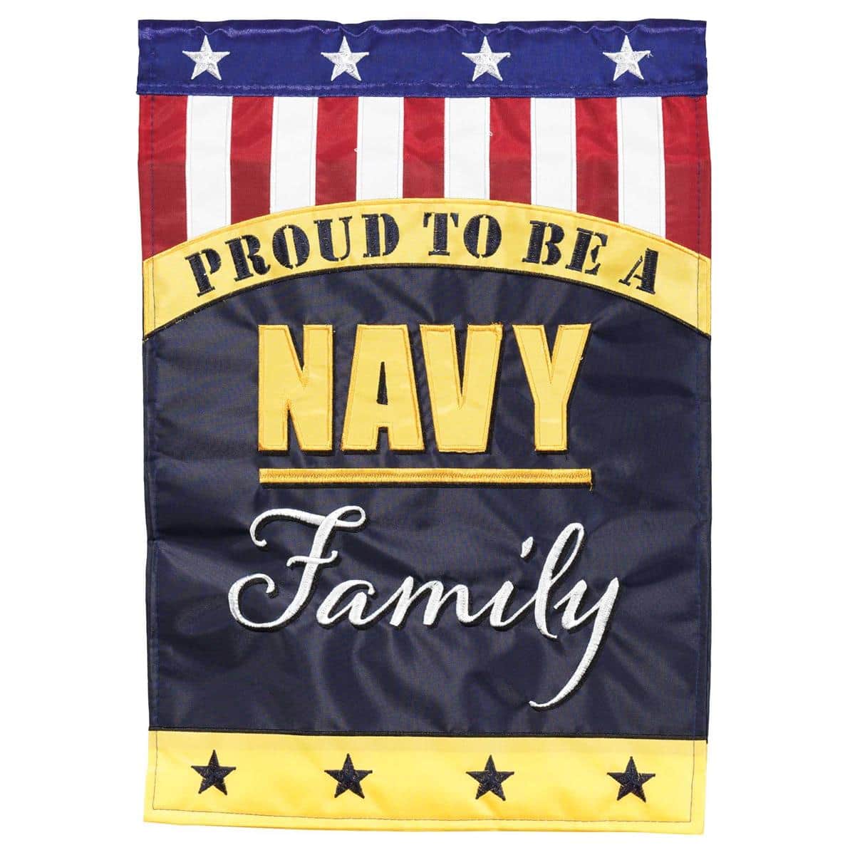 Navy Family 13x18 garden flag with double applique anchor emblem and gold lettering displayed on a black metal garden pole against a porch backdrop.
