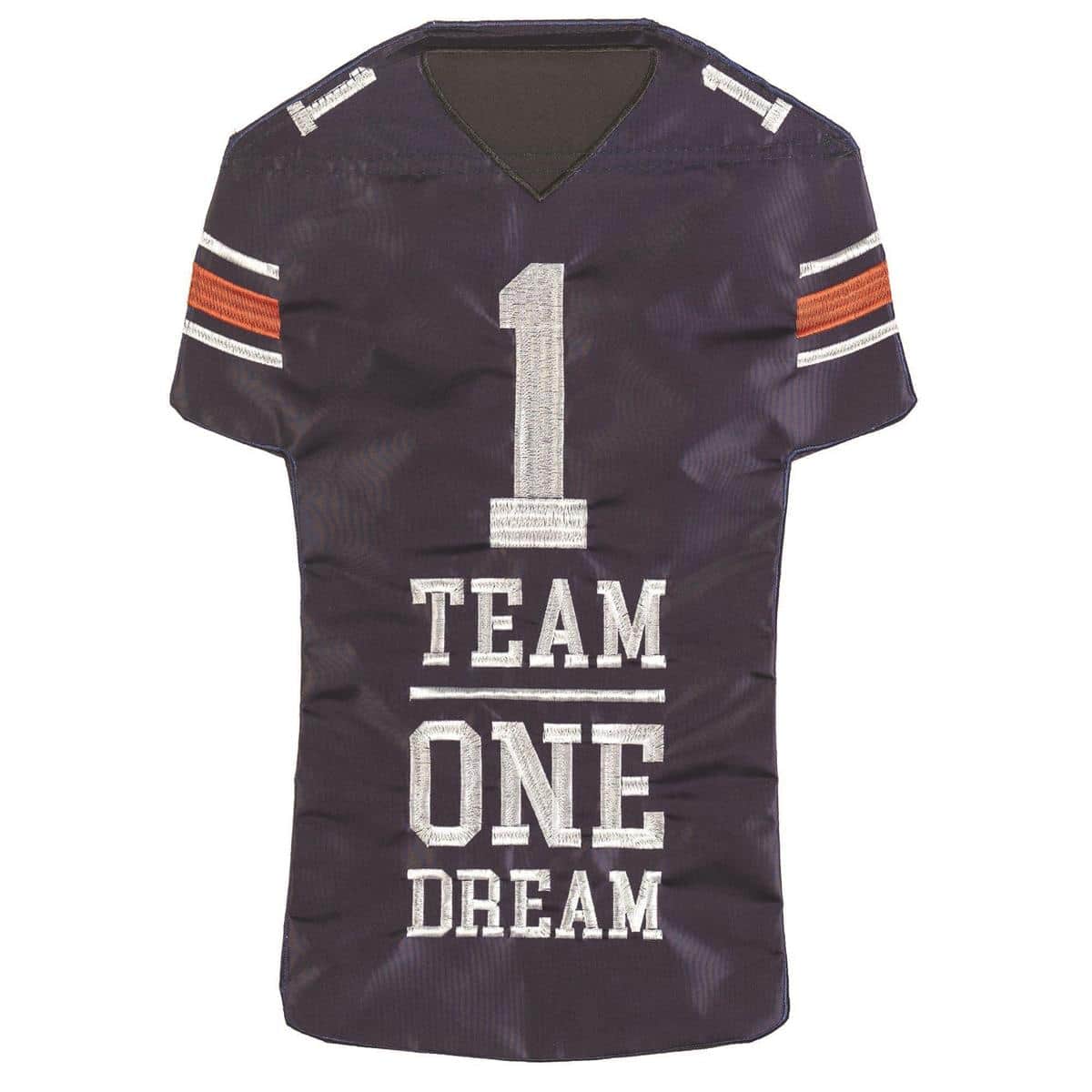 13x18 navy and orange football jersey garden flag with double applique numbers and stripe accents displayed on a porch flag pole, showing raised stitched details and durable sleeve.