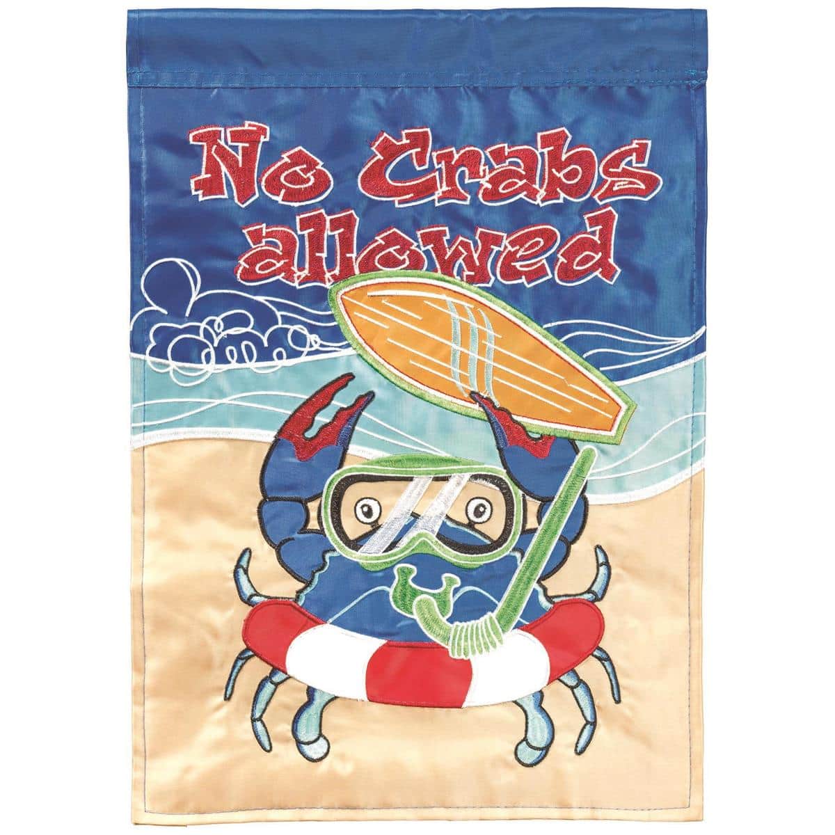 No Crabs Allowed beach garden flag 13x18 with double applique lettering and playful crab graphic, hanging on a yard stand by a seaside porch.