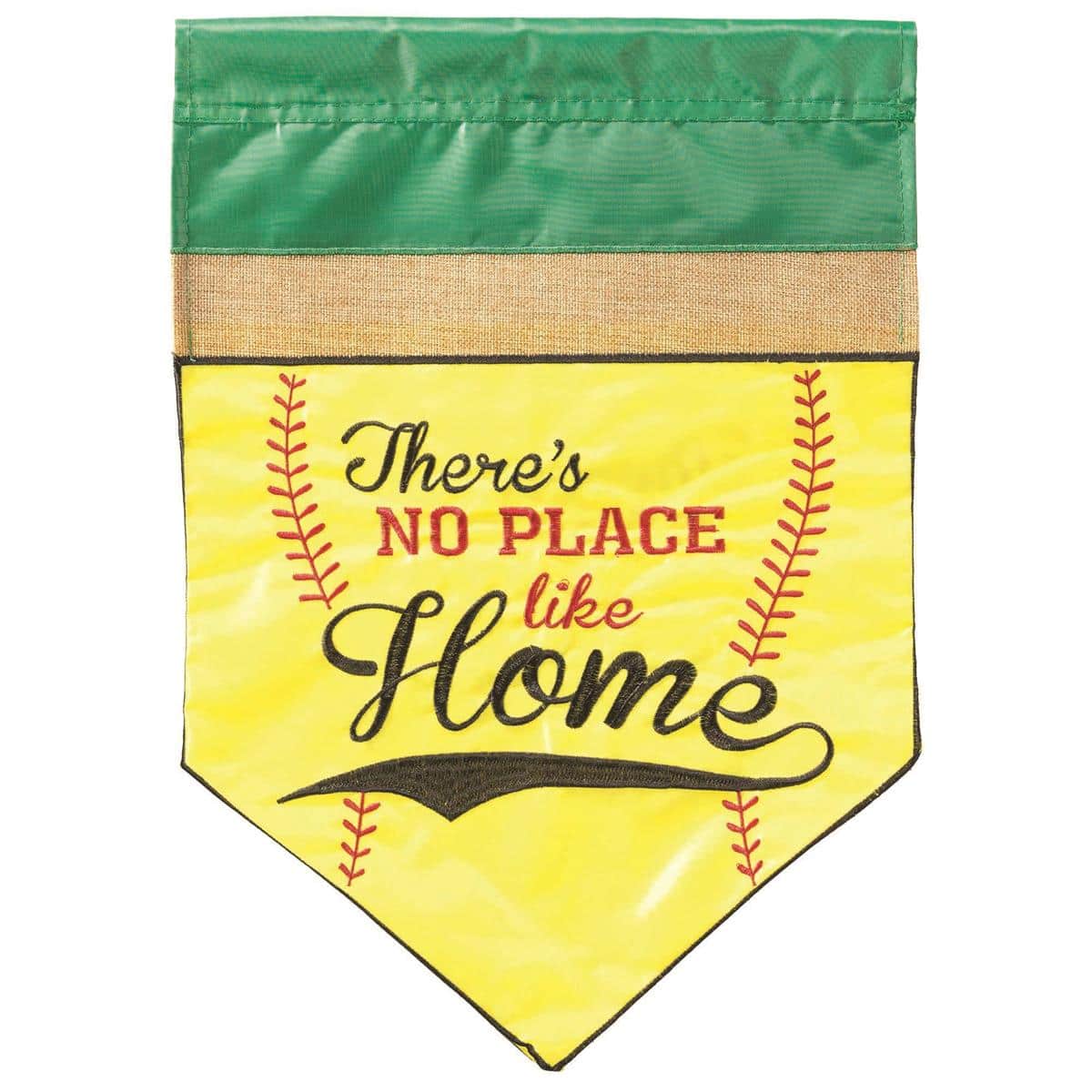 13x18 No Place Like Home Softball garden flag double applique sports design with layered fabric stitching displayed on a garden flag pole in a lawn setting