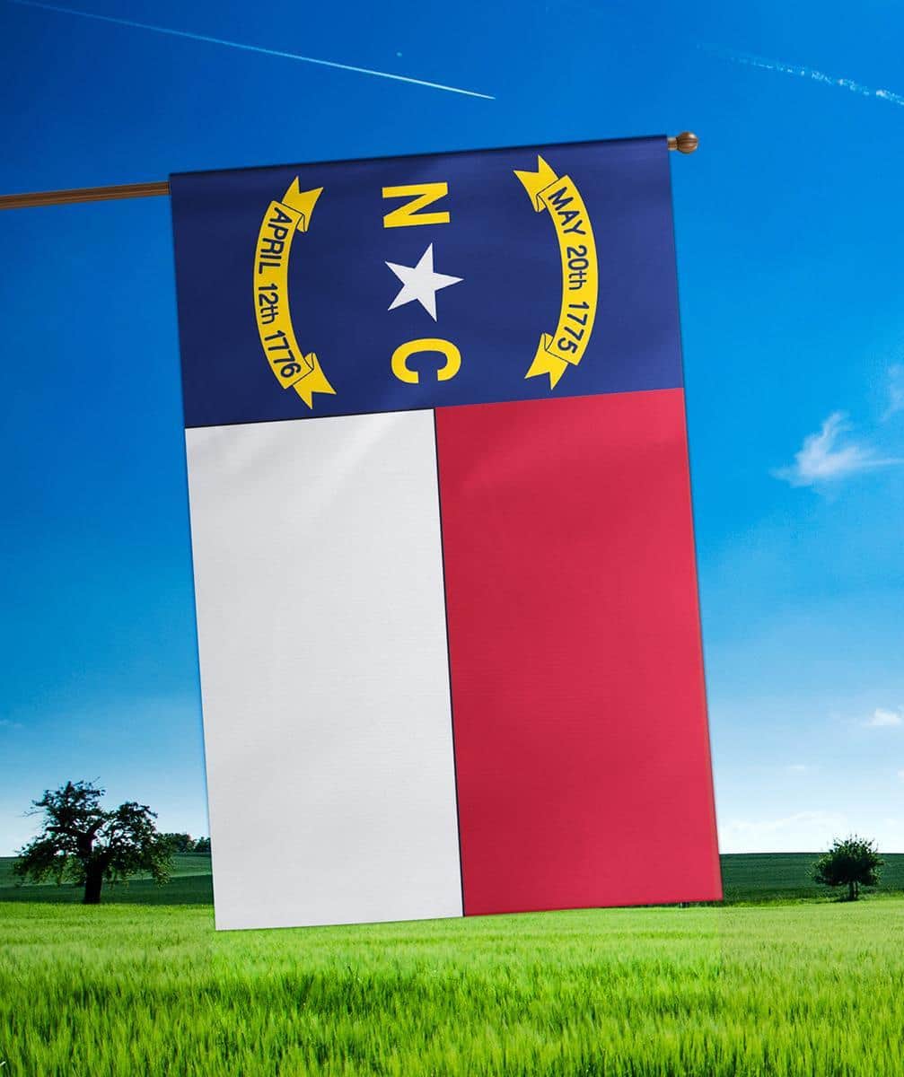 29x42 North Carolina double applique banner flag featuring layered state-inspired colors and emblem, durable 300D polyester construction, suitable for porch, garden, or pole display.